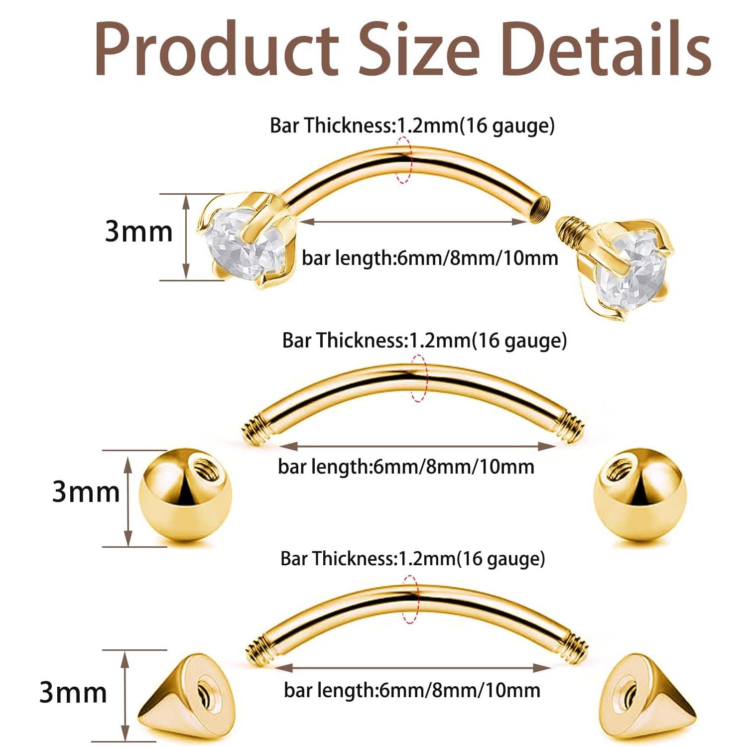1-9PCS Golden Eyebrow Stud Rin - Body Jewelry Surgical Steel review and price